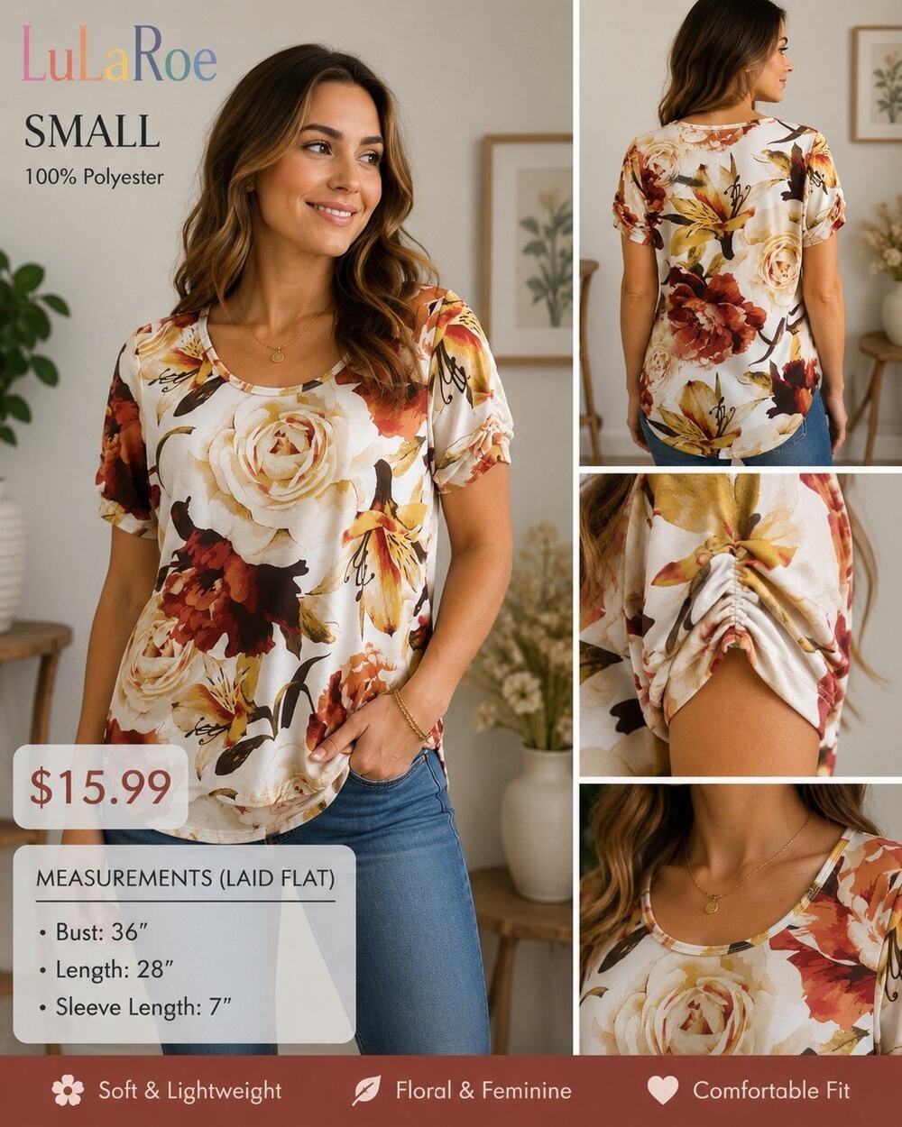 LulaRoe Ladies Tee Shirt Size Small Multi Color Floral Print Soft Short Sleeve